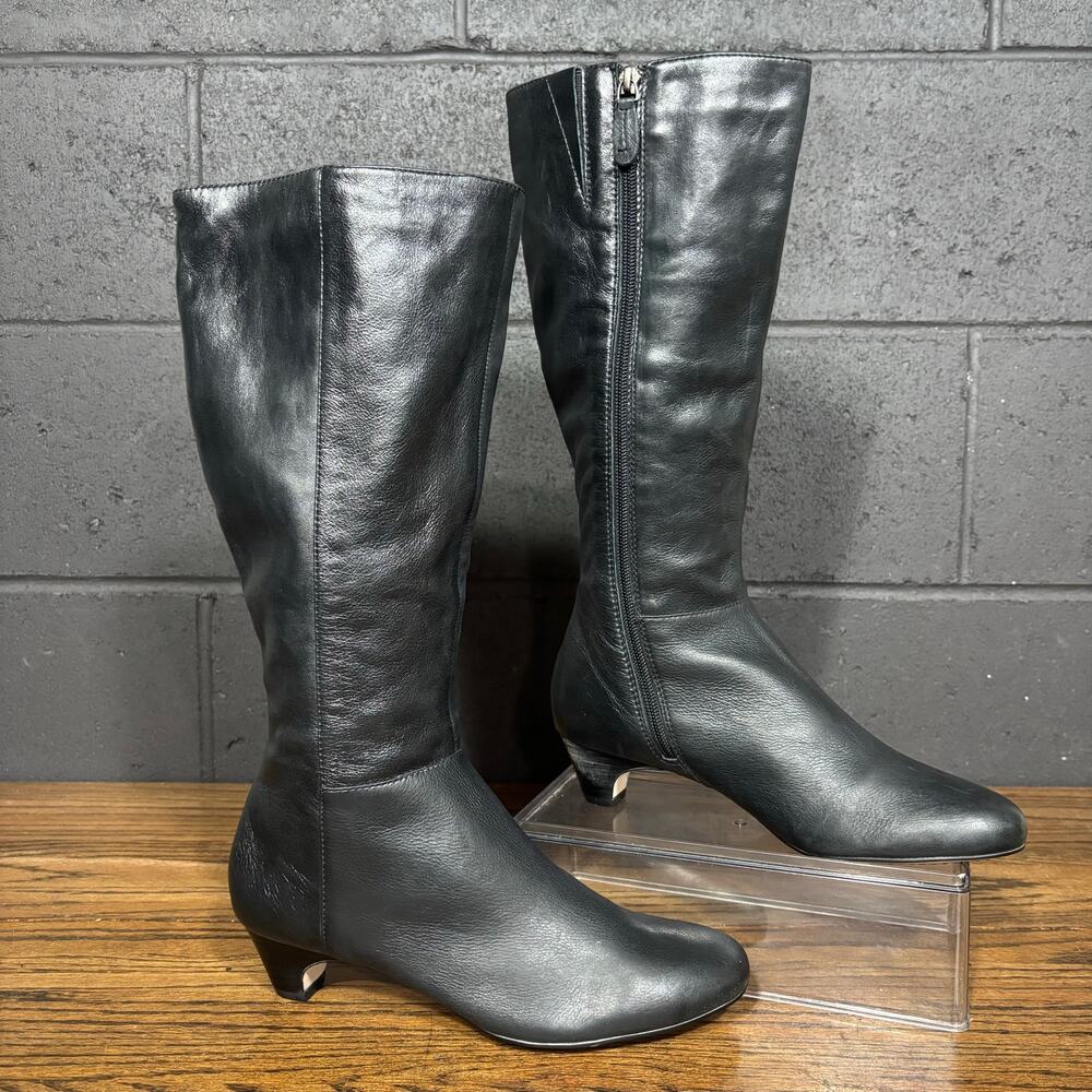 Lands’ End Black Leather Knee High Boots Kitten Heel Side Zip Women’s 8